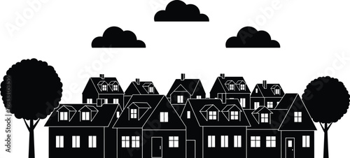 Dense Suburban Community Vector Silhouette with Rows of Identical Gabled Houses, Dormer Windows, Trees, and Clouds, Representing Housing Development, Neighborhoods, and Urban Sprawl.
