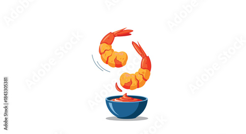 Two delicious cooked shrimps being dipped into a blue bowl of cocktail sauce, a popular appetizer, isolated on a white background.