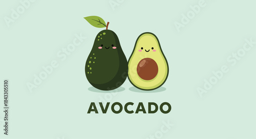 A cute kawaii illustration of a whole avocado and a half with a smiling face, representing a healthy and happy superfood concept.