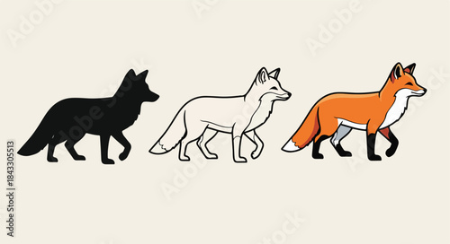 Three foxes in black, white, and orange walking in a row on a beige background, simple flat illustrations.