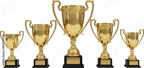Elegant Collection of Five Detailed Gold Trophy Cups Vector Illustration, Luxurious Prize Set of Success, Achievement, Championship, and First Place Award Objects on Pedestals.