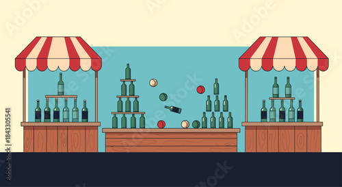 A classic carnival bottle toss game at a funfair, with glass bottles stacked on wooden stalls ready to be knocked down by balls.