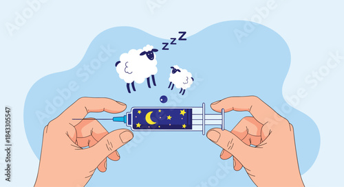 A conceptual illustration of a cure for insomnia with hands holding a syringe filled with a night sky to induce sleep.