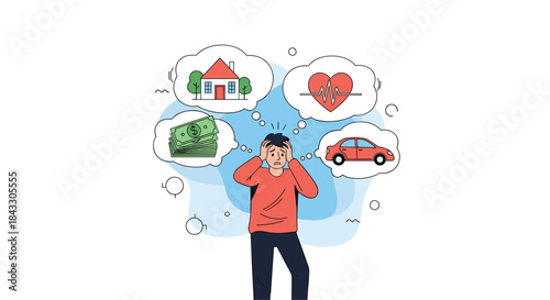 A stressed and anxious man worrying about life's major expenses and responsibilities like house, health, car, and money.