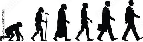 Evolution of Man to Modern Businessman Vector Illustration, Progress from Primitive Ape to Walking Executive in Suit, Business Development, and Success Concept.