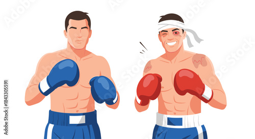 Before and after a fight concept with a boxer shown clean and then bruised and injured but smiling victoriously after the match.