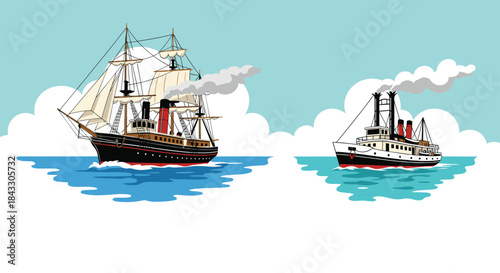 A vintage illustration of a historical steam-sailing ship and a classic steam tugboat sailing on the ocean with clouds in the sky.