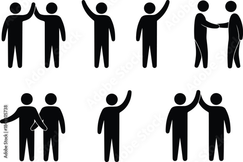 Black silhouette stick figures displaying various social interactions, including high fives, waving, and handshakes