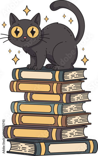 Cute cartoon black cat with sparkling yellow eyes perches atop a tall stack of colorful books, surrounded by twinkling stars. Perfect for education, reading, or magical themed designs.