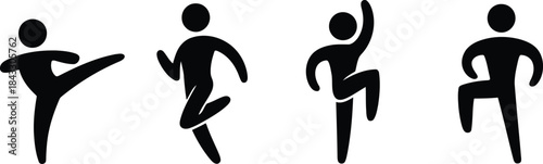 Black silhouette stick figures performing energetic and dynamic poses, illustrating various forms of movement and exercise