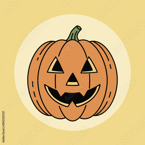 Illustrated cartoon jack o lantern pumpkin with a classic carved face featuring triangle eyes and nose, and a wide, toothy grin. Perfect for Halloween decorations and festive designs.
