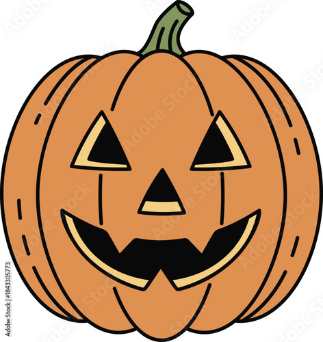 Illustrated cartoon jack o lantern pumpkin with a classic carved face featuring triangle eyes and nose, and a wide, toothy grin. Perfect for Halloween decorations and festive designs.