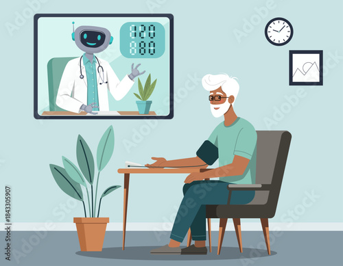 Elder man checking blood pressure at home during an online telemedicine consultation with robot virtual doctor on a computer screen, symbolizing modern digital healthcare solutions.