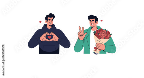 A young man expresses love by making a heart gesture and holding a bouquet of roses for a romantic occasion like Valentine's Day.