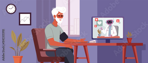 Elder man checking blood pressure at home during an online telemedicine consultation with robot virtual doctor on a computer screen, symbolizing modern digital healthcare solutions.