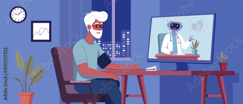 Elder man checking blood pressure at home during an online telemedicine consultation with robot virtual doctor on a computer screen, symbolizing modern digital healthcare solutions.