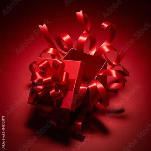 Revealing new possibilities A bright red gift box with flowing ribbons, symbolizing fresh starts and exciting ventures