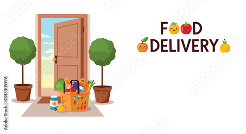 A contactless food delivery service with a basket of fresh groceries left safely on the doorstep of a home with an open door.
