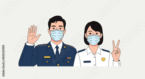 A male and female police officer couple wearing protective face masks during the pandemic, waving and making a peace sign.