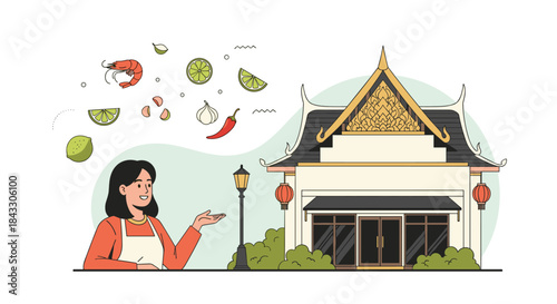 A female chef proudly presenting her Thai restaurant, with fresh ingredients like shrimp, chili, and lime floating in the air.