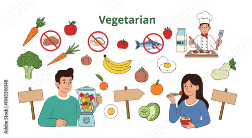 A vegetarian diet concept with a man making a fruit smoothie and a woman eating a salad, surrounded by healthy food icons.
