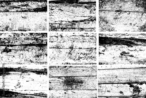 High contrast black and white texture of cracked, weathered wood surface with peeling layers and rough grain, ideal for backgrounds, overlays, and grunge design elements.