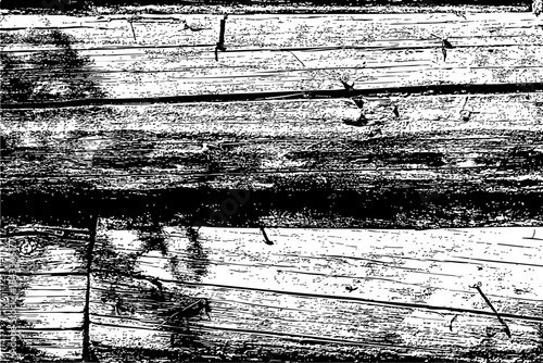 High contrast black and white texture of cracked, weathered wood surface with peeling layers and rough grain, ideal for backgrounds, overlays, and grunge design elements.