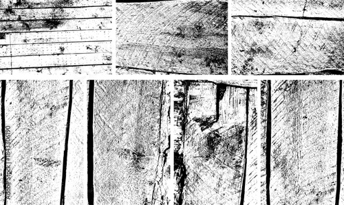High contrast black and white texture of cracked, weathered wood surface with peeling layers and rough grain, ideal for backgrounds, overlays, and grunge design elements.
