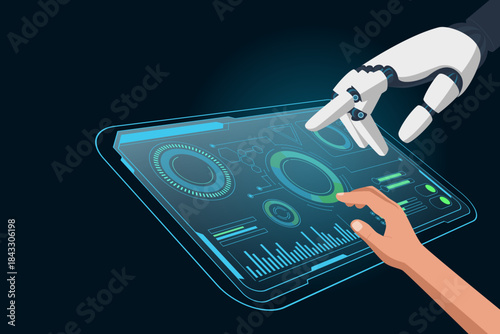Abstract human hand and a robotic hand collaborate on a glowing, futuristic touchscreen displaying data charts and graphs. Symbolizes  digital transformation, and advanced technology.