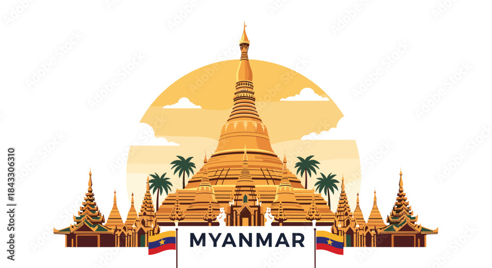 Naklejka premium A beautiful illustration of the iconic Shwedagon Pagoda, a famous landmark in Yangon, Myanmar, shown at sunset.