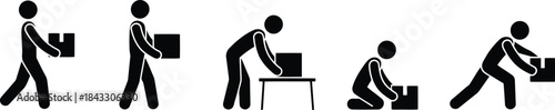 Five black stick figures engaged in handling and moving packages or boxes in various ways