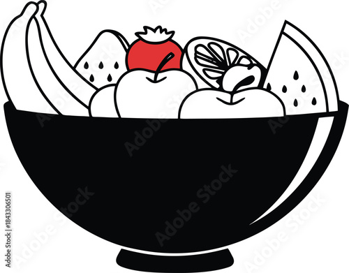 Vector illustration of a retro heart design with an apple and bowl of fruit