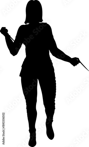 Black silhouette of a woman holding a knife in her hand, capturing energy and movement. Mysterious, strong, and bold female figure, perfect for themes of danger, crime, or action concepts.