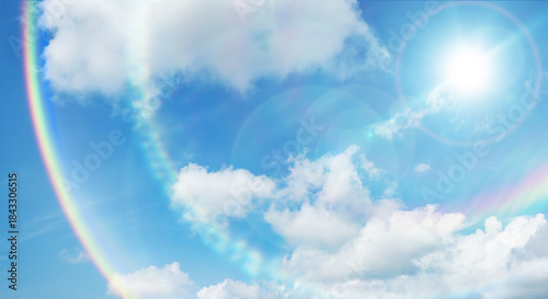 夏の晴天、青空に流れる積乱雲ふわふわの入道雲とギラギラ輝く太陽とレンズフレアとゴーストの背景壁紙　夏・夏休み・行楽・バカンス・アウトドア・キャンプ・天気・台風一過・季節