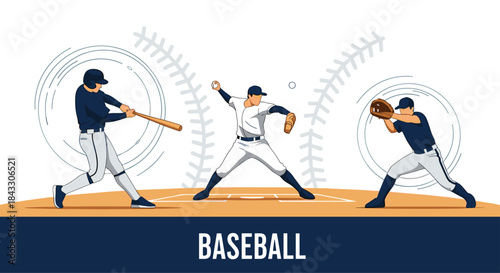 A dynamic sports banner showing baseball players in action, including a pitcher, a batter, and a catcher on the field.