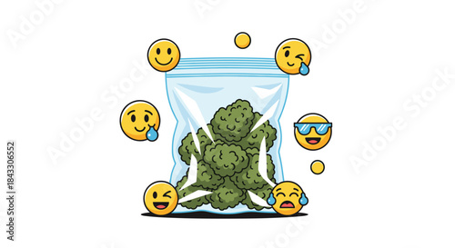 Clear plastic ziplock bag filled with green cannabis buds is surrounded by various smiling, winking, and laughing emojis.