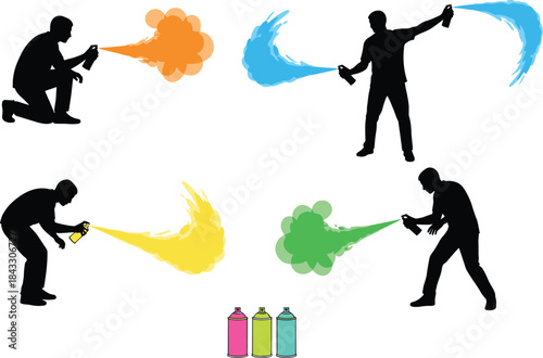 Set of men painting with spray cans in different colors and poses, artist or vandal doing graffiti art and creative expression vector illustration.