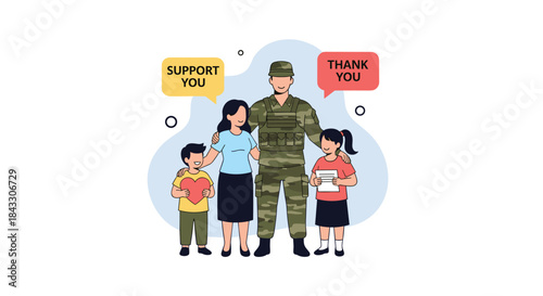 A soldier in camouflage uniform is reunited with his happy family?a wife, son, and daughter?who express their support and thanks.