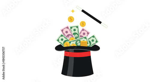 A black magician's top hat overflows with dollar bills and gold coins, with a magic wand floating above it creating sparks.