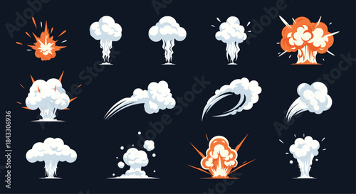 A collection of twelve cartoon smoke and explosion effects, including bomb blasts, puffs of smoke, and motion trails on a dark background.