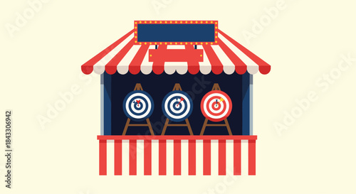 A classic carnival game booth with a red and white striped awning features three archery targets with arrows in the bullseyes.