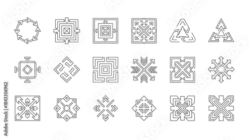 Collection of eighteen black line art icons featuring various abstract geometric shapes and directional arrow motifs