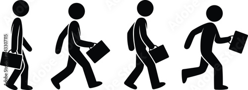 Four black silhouette stick figures show businessmen walking and running with briefcases representing work progress