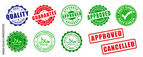 Approved, Best quality guarantee, Fact check, Halal certified stamp design set. Rubber, seal, vintage effect, badge, pure, textured, design collection. Vector illustration with transparent background