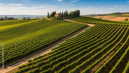 Scenic Agricultural Landscape with Vineyard Rows and Countryside Views.