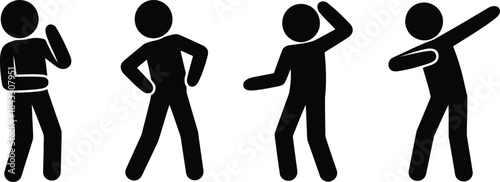 Four black stick figures portray different human emotions and gestures standing on a clean white background