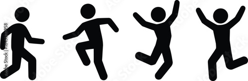 Four distinct black stick figures portraying various energetic human actions like walking, kicking, and high jumps