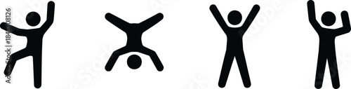 Four simple black human stick figures demonstrate various happy poses and energetic movements on a clean white background