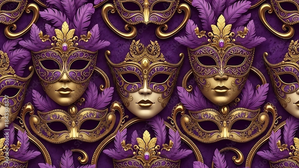 Fototapeta premium Elegant Venetian Masks Pattern with Gold and Purple