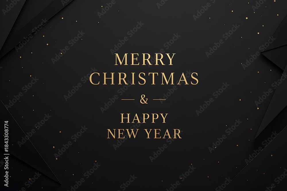 Naklejka premium Elegant holiday greeting design with gold serif typography reading “Merry Christmas & Happy New Year” centered on a deep black textured background.